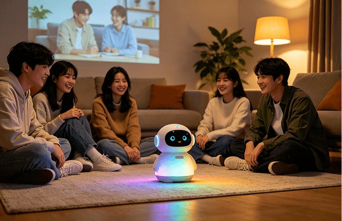 朋友们围坐在 AI 陪伴机器人旁互动